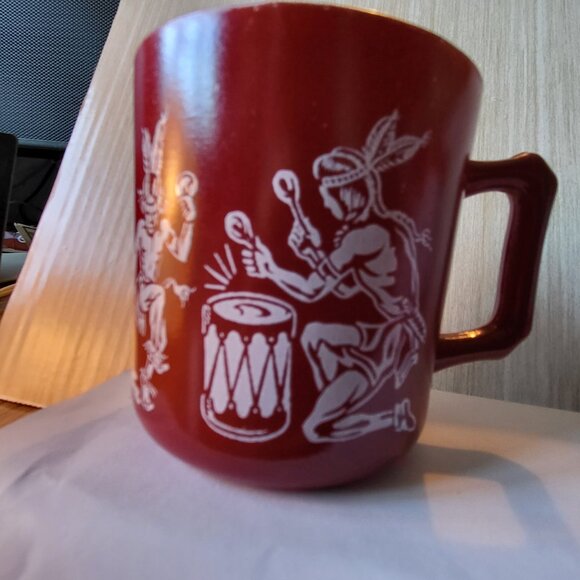 Vintage Hazel-Atlas Milk 1950s Glass Mugs Maroon Native American scenes - Picture 6 of 11
